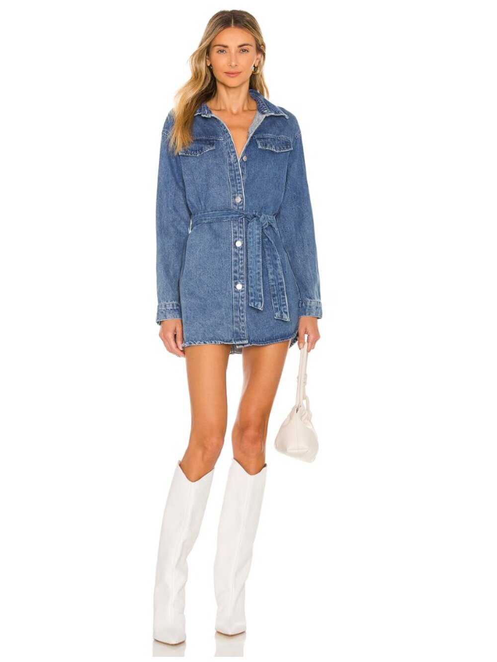 Superdown Kelsie Denim Button-Down Belted Shirt Dress